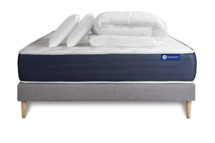 Pack lit complet 200x200 cm - Matelas + Sommier Gris (en kit) + 2 oreillers + Couette - Actilatex Sleep