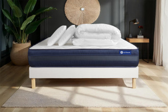 Pack lit complet 200x200 cm - Matelas + Sommier Blanc (en kit) + 2 oreillers + Couette - Actimemo Tech