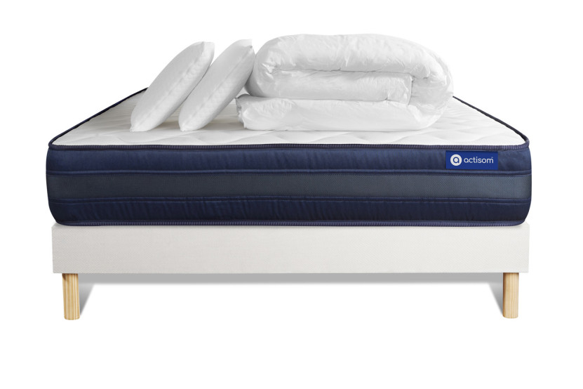 Pack lit complet 140x190 cm - Matelas + Sommier Blanc (en kit) + 2 oreillers + Couette - Actilatex Tech