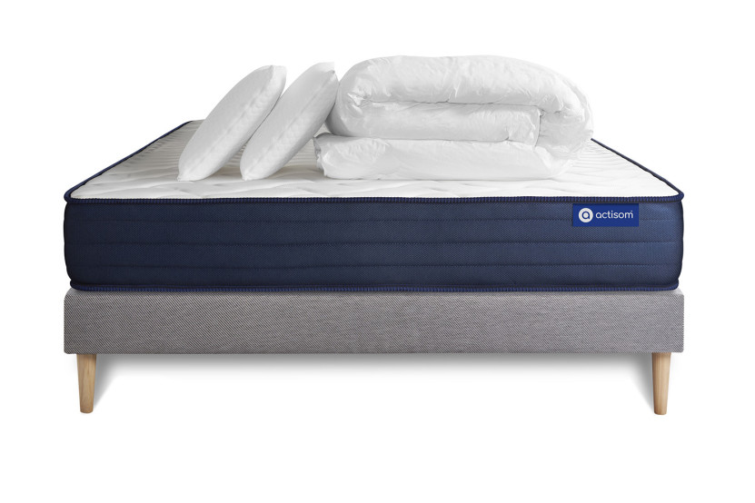 Pack lit complet 180x200 cm - Matelas + Sommier Gris (en kit) + 2 oreillers + Couette - Actiflex Life