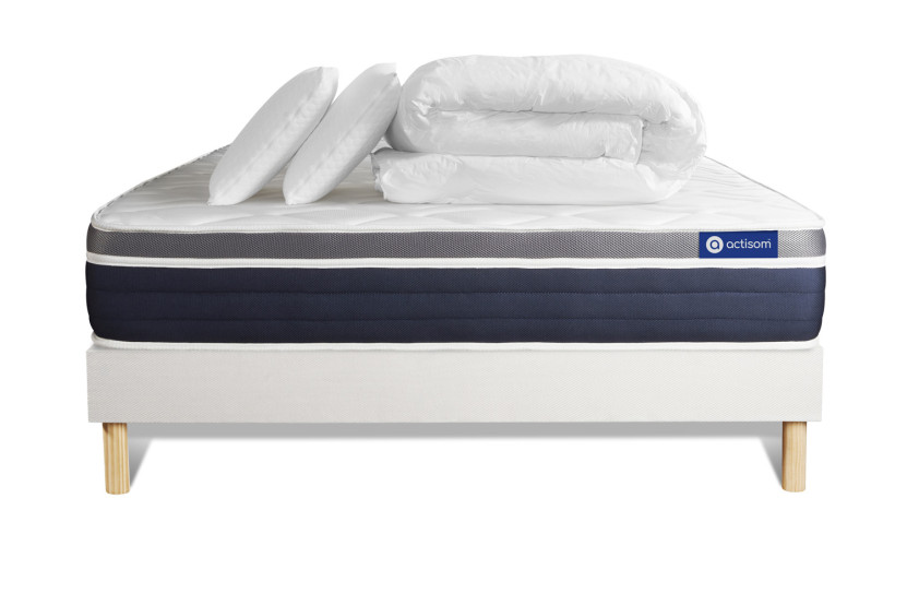 Pack lit complet 160x200 cm - Matelas + Sommier Blanc (en kit) + 2 oreillers + Couette - Actimemo Confort