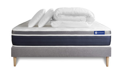 Pack lit complet 180x200 cm - Matelas + Sommier Gris (en kit) + 2 oreillers + Couette - Actimemo Confort