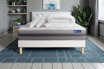 Pack lit complet 140x200 cm - Matelas + Sommier Blanc (en kit) + 2 oreillers + Couette - Actiflex Relax