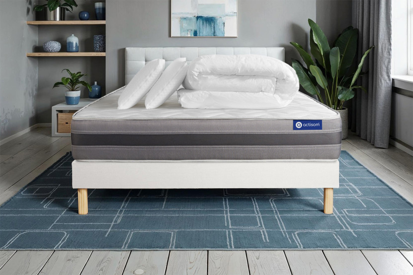 Pack lit complet 140x200 cm - Matelas + Sommier Blanc (en kit) + 2 oreillers + Couette - Actiflex Relax