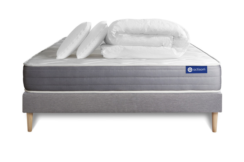 Pack lit complet 140x190 cm - Matelas + Sommier Gris (en kit) + 2 oreillers + Couette - Actimemo Dream