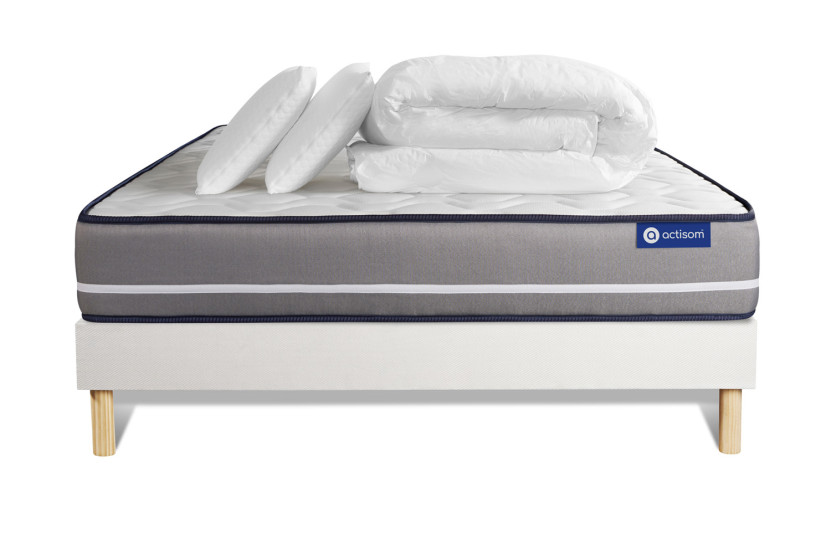 Pack lit complet 140x190 cm - Matelas + Sommier Blanc (en kit) + 2 oreillers + Couette - Actimemo Pur