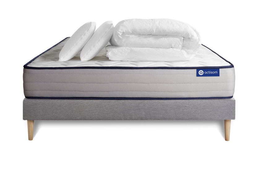 Pack lit complet 140x200 cm - Matelas + Sommier Gris (en kit) + 2 oreillers + Couette - Actiflex Form