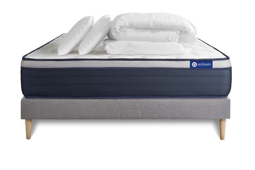 Pack lit complet 160x200 cm - Matelas + Sommier Gris (en kit) + 2 oreillers + Couette - Actilatex Max