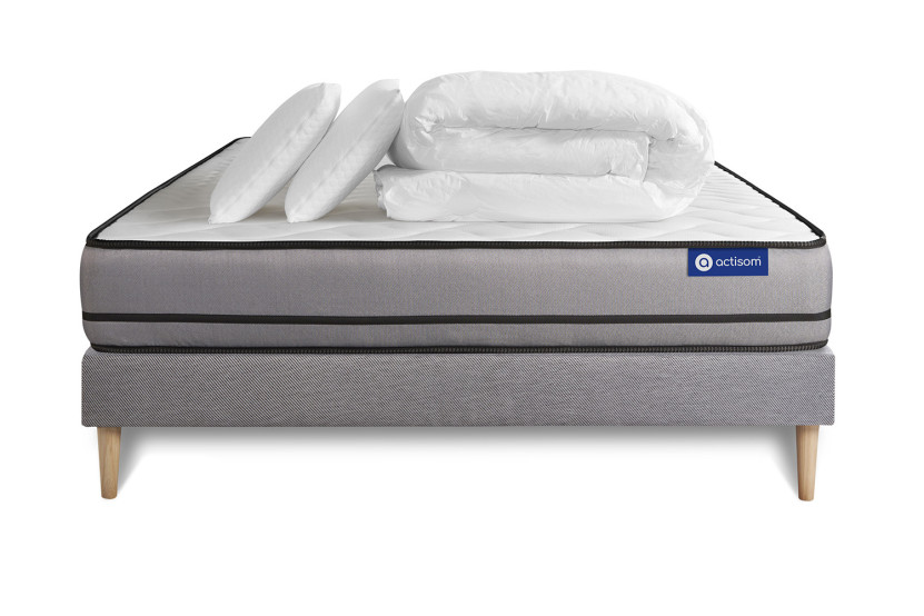 Pack lit complet 200x200 cm - Matelas + Sommier Gris (en kit) + 2 oreillers + Couette - Actiflex Night