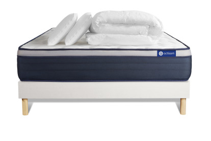 Pack lit complet 140x200 cm - Matelas + Sommier Blanc (en kit) + 2 oreillers + Couette - Actimemo Max