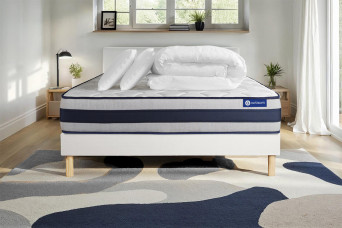 Pack lit complet 200x200 cm - Matelas + Sommier Blanc (en kit) + 2 oreillers + Couette - Actimemo Ergo