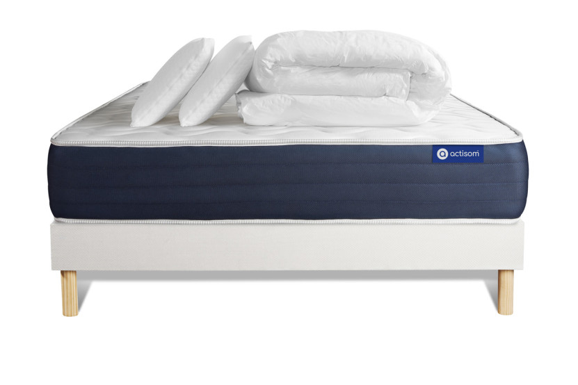 Pack lit complet 140x200 cm - Matelas + Sommier Blanc (en kit) + 2 oreillers + Couette - Actimemo Sleep