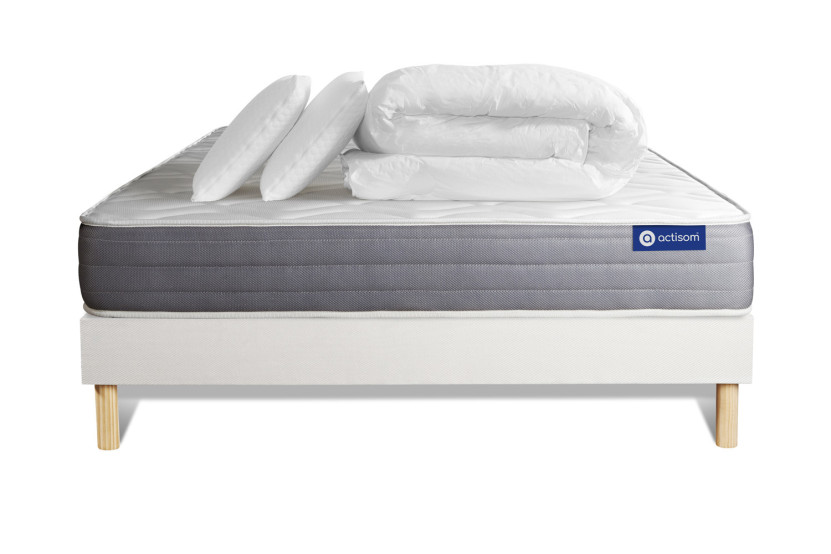 Pack lit complet 140x190 cm - Matelas + Sommier Blanc (en kit) + 2 oreillers + Couette - Actimemo Dream
