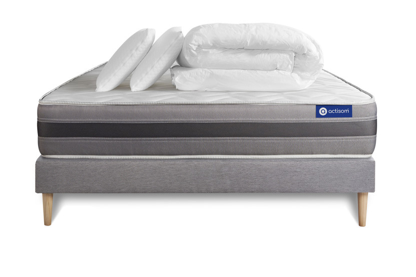 Pack lit complet 200x200 cm - Matelas + Sommier Gris (en kit) + 2 oreillers + Couette - Actilatex Relax
