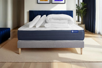 Pack lit complet 180x200 cm - Matelas + Sommier Gris (en kit) + 2 oreillers + Couette - Actimemo Sleep
