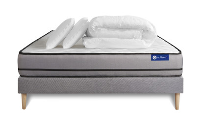 Pack lit complet 200x200 cm - Matelas + Sommier Gris (en kit) + 2 oreillers + Couette - Actilatex Night