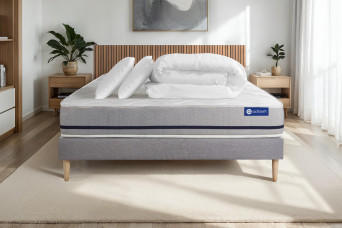 Pack lit complet 180x200 cm - Matelas + Sommier Gris (en kit) + 2 oreillers + Couette - Actimemo Soft