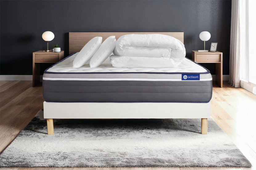 Pack lit complet 180x200 cm - Matelas + Sommier Blanc (en kit) + 2 oreillers + Couette - Actiflex Plus