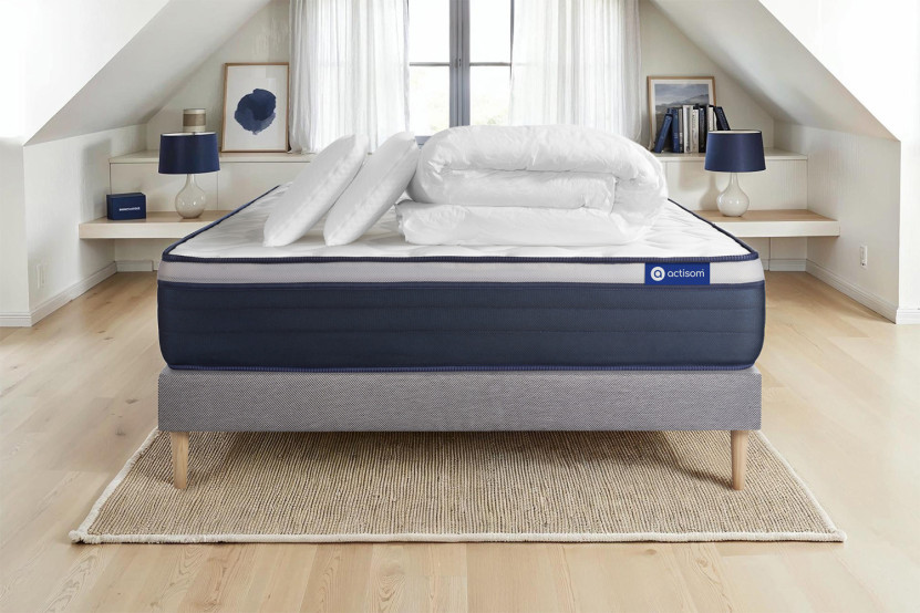 Pack lit complet 140x190 cm - Matelas + Sommier Gris (en kit) + 2 oreillers + Couette - Actiflex Max