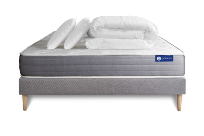 Pack lit complet 140x200 cm - Matelas + Sommier Gris (en kit) + 2 oreillers + Couette - Actimemo Dream