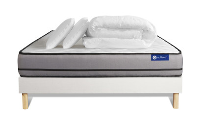 Pack lit complet 160x200 cm - Matelas + Sommier Blanc (en kit) + 2 oreillers + Couette - Actimemo Night