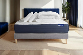 Pack lit complet 160x200 cm - Matelas + Sommier Gris (en kit) + 2 oreillers + Couette - Actiflex Sleep