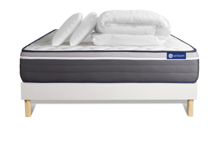 Pack lit complet 180x200 cm - Matelas + Sommier Blanc (en kit) + 2 oreillers + Couette - ActiMemo Plus
