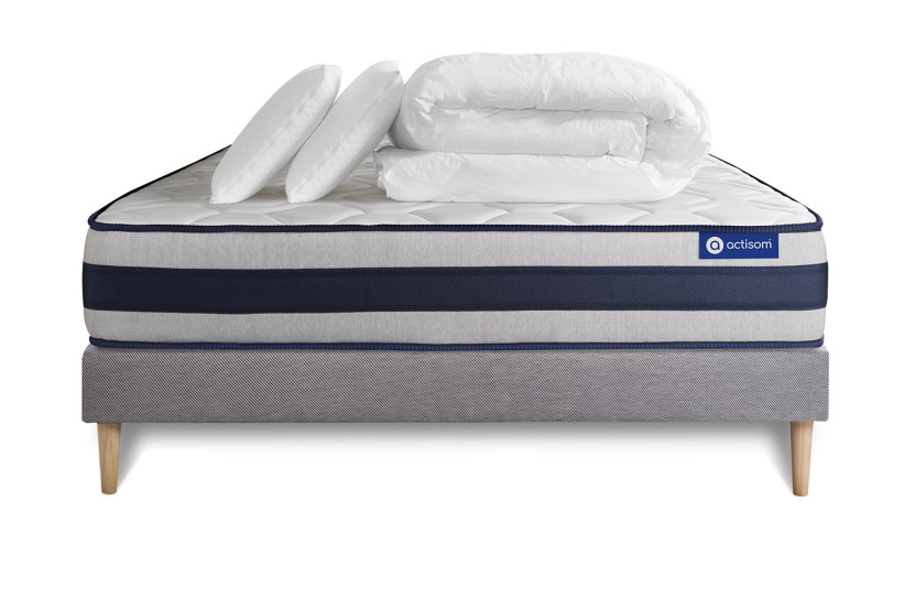 Pack lit complet 160x200 cm - Matelas + Sommier Gris (en kit) + 2 oreillers + Couette - Actimemo Ergo