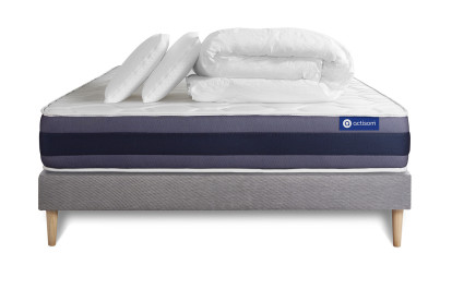 Pack lit complet 140x190 cm - Matelas + Sommier Gris (en kit) + 2 oreillers + Couette - Actiflex Morpho
