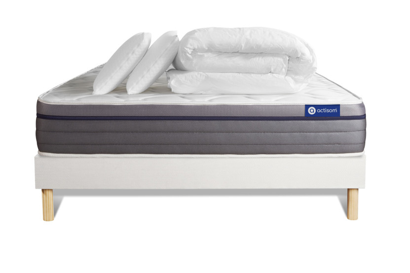 Pack lit complet 200x200 cm - Matelas + Sommier Blanc (en kit) + 2 oreillers + Couette - ActiMemo Zen