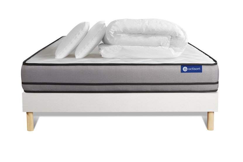 Pack lit complet 160x200 cm - Matelas + Sommier Blanc (en kit) + 2 oreillers + Couette - Actiflex Night