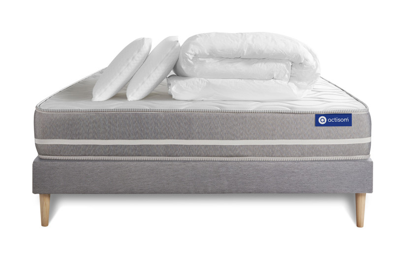 Pack lit complet 140x200 cm - Matelas + Sommier Gris (en kit) + 2 oreillers + Couette - Actilatex Touch