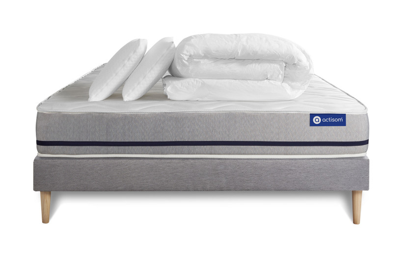 Pack lit complet 140x200 cm - Matelas + Sommier Gris (en kit) + 2 oreillers + Couette - Actimemo Soft