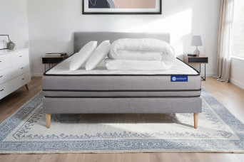 Pack lit complet 200x200 cm - Matelas + Sommier Gris (en kit) + 2 oreillers + Couette - Actimemo Night