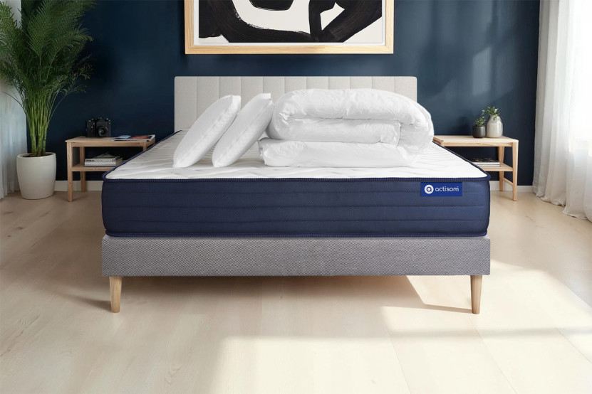 Pack lit complet 140x200 cm - Matelas + Sommier Gris (en kit) + 2 oreillers + Couette - Actilatex Life