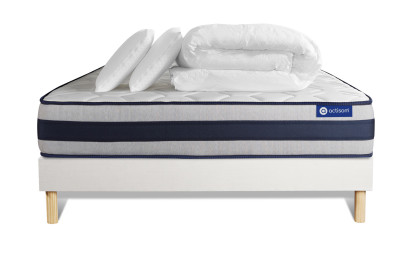 Pack lit complet 160x200 cm - Matelas + Sommier Blanc (en kit) + 2 oreillers + Couette - Actimemo Ergo