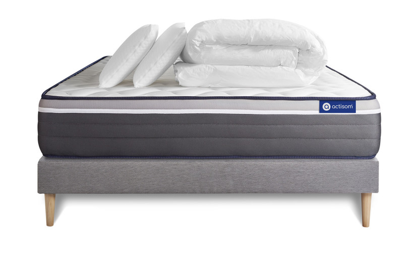 Pack lit complet 160x200 cm - Matelas + Sommier Gris (en kit) + 2 oreillers + Couette - Actilatex Plus