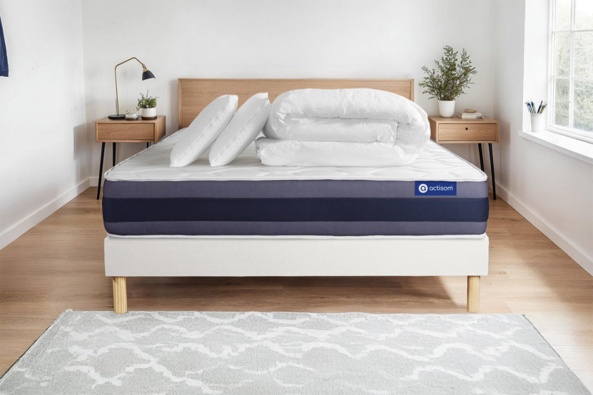 Pack lit complet 140x190 cm - Matelas + Sommier Blanc (en kit) + 2 oreillers + Couette - Actilatex Morpho