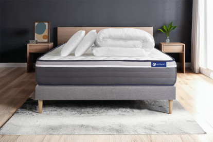 Pack lit complet 140x200 cm - Matelas + Sommier Gris (en kit) + 2 oreillers + Couette - ActiMemo Plus