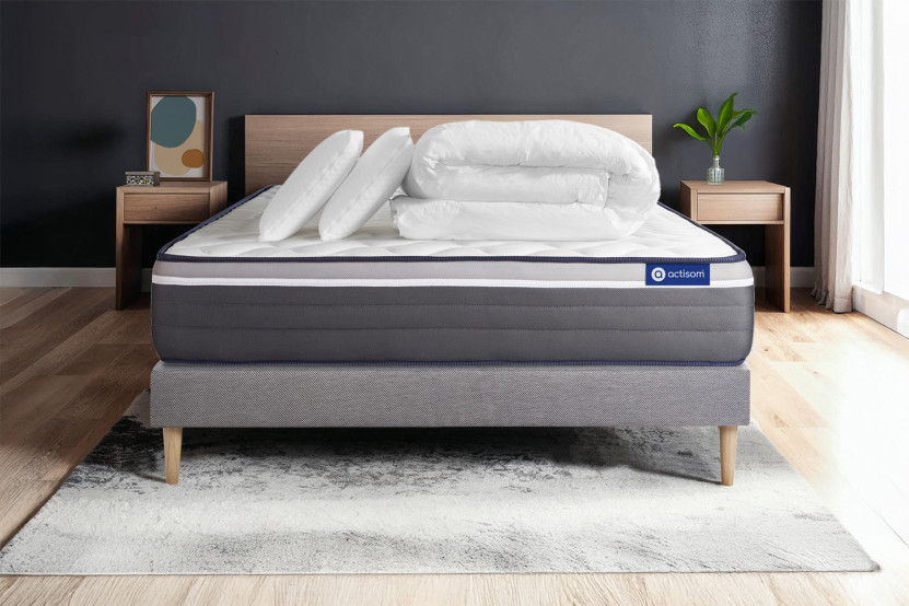 Pack lit complet 140x200 cm - Matelas + Sommier Gris (en kit) + 2 oreillers + Couette - ActiMemo Plus