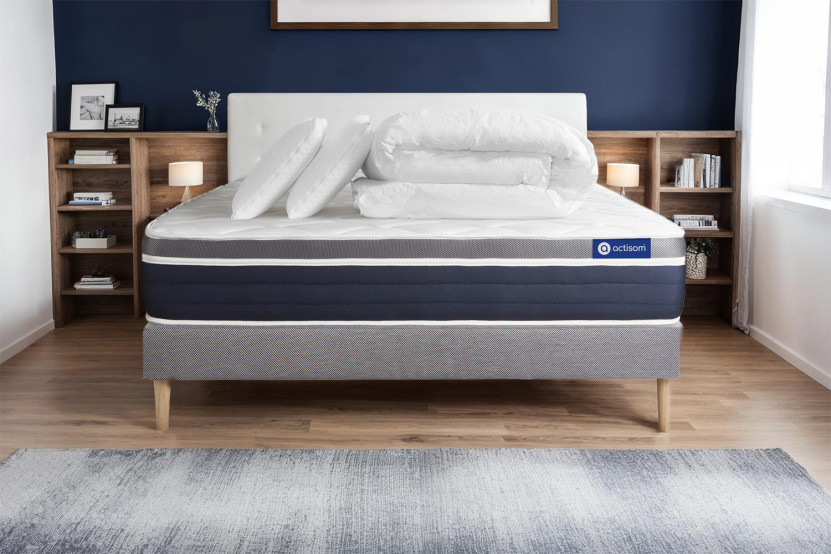 Pack lit complet 140x200 cm - Matelas + Sommier Gris (en kit) + 2 oreillers + Couette - Actiflex Confort