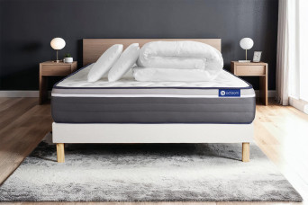 Pack lit complet 140x190 cm - Matelas + Sommier Blanc (en kit) + 2 oreillers + Couette - Actiflex Plus