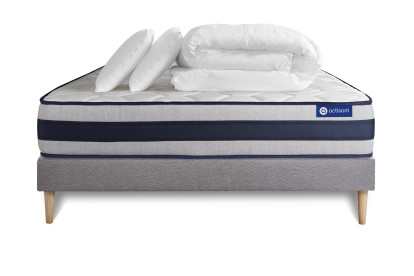 Pack lit complet 200x200 cm - Matelas + Sommier Gris (en kit) + 2 oreillers + Couette - Actilatex Ergo