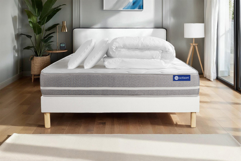 Pack lit complet 160x200 cm - Matelas + Sommier Blanc (en kit) + 2 oreillers + Couette - Actilatex Touch