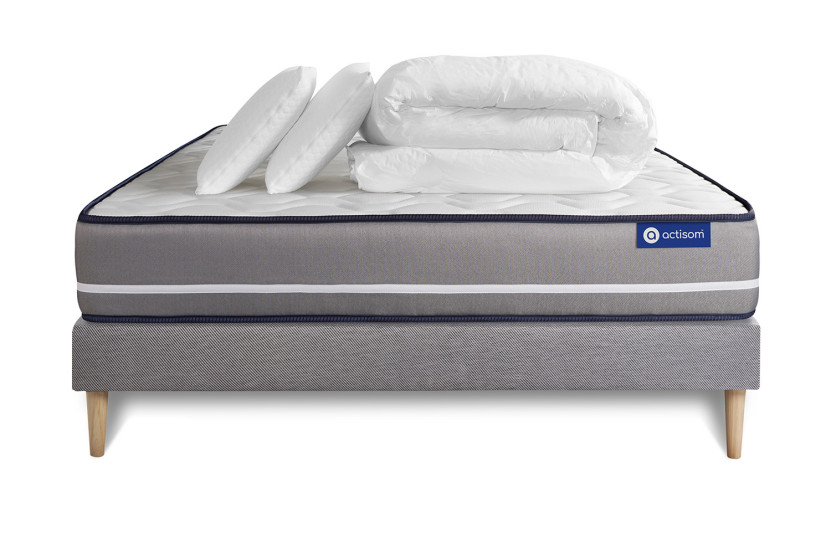 Pack lit complet 140x200 cm - Matelas + Sommier Gris (en kit) + 2 oreillers + Couette - Actiflex Pur