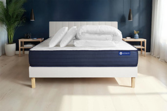 Pack lit complet 200x200 cm - Matelas + Sommier Blanc (en kit) + 2 oreillers + Couette - Actimemo Life