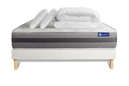 Pack lit complet 140x190 cm - Matelas + Sommier Blanc (en kit) + 2 oreillers + Couette - Actimemo Relax