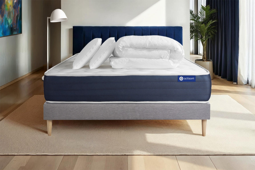 Pack lit complet 180x200 cm - Matelas + Sommier Gris (en kit) + 2 oreillers + Couette - Actilatex Sleep