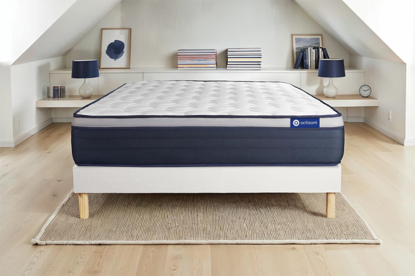 Ensemble Matelas Sommier 130x220 cm - Sommier Blanc (en kit) - Actimemo Max