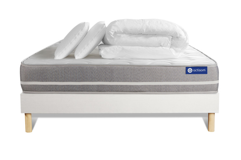 Pack lit complet 180x200 cm - Matelas + Sommier Blanc (en kit) + 2 oreillers + Couette - Actimemo Touch